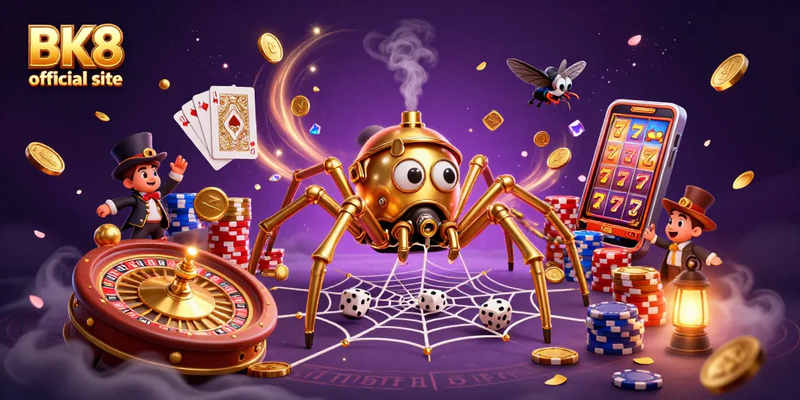 Catch the excitement at BK8 official site with a steampunk spider and fly gentleman in a rich casino scene.