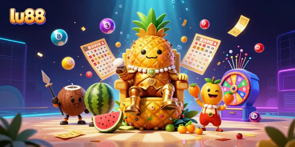 Experience excitement at lu88 with a colorful casino scene featuring a pineapple king and festive elements.