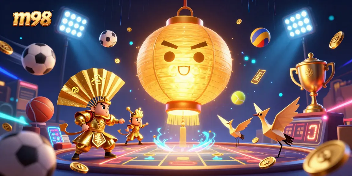 Experience thrilling fun at M98 online casino with a golden lantern spirit and vibrant gaming elements.