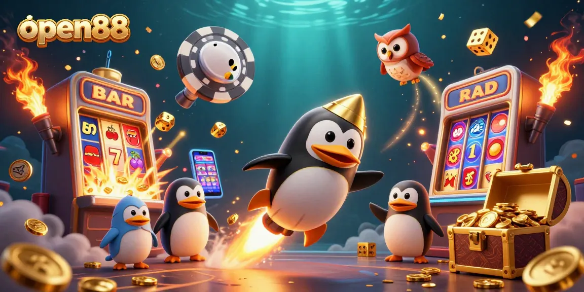 Experience the thrill at open88 as a golden penguin rockets through a vibrant casino universe.