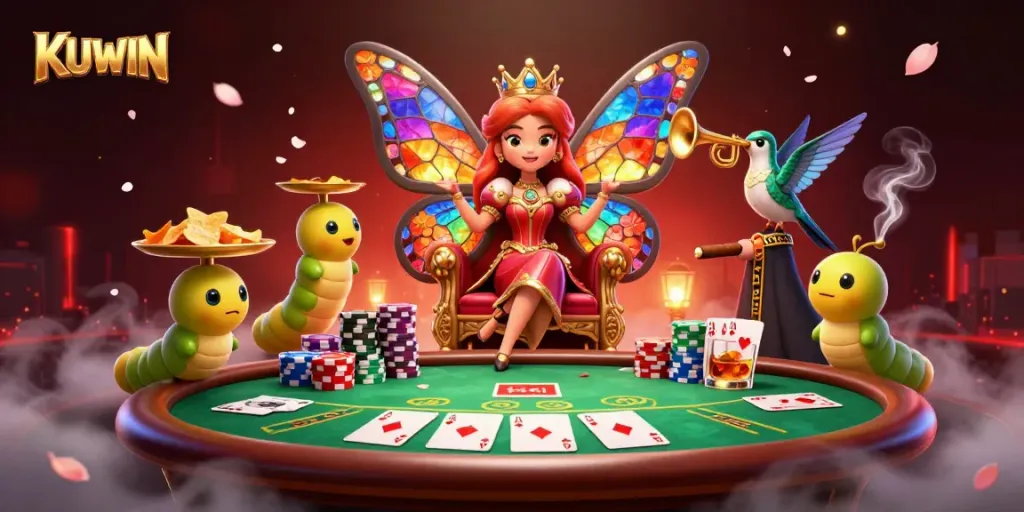 Experience KUWIN's vibrant casino atmosphere with unique characters and poker elements.