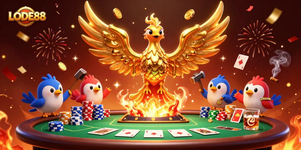 Experience LODE88: a vibrant casino scene with molten gold phoenix and poker excitement.