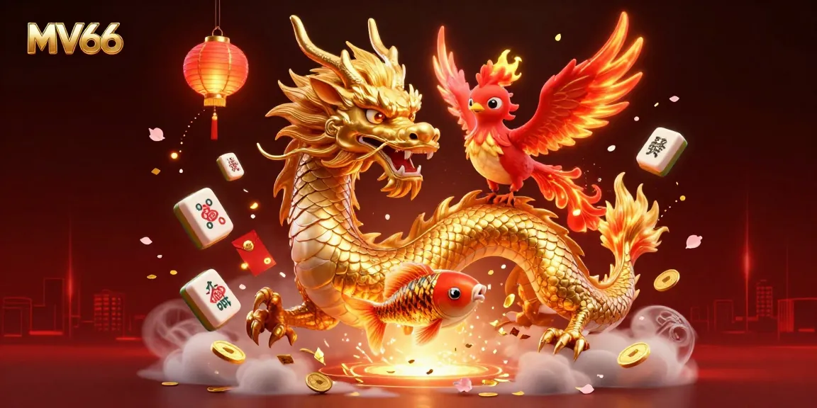 Play MV66 casino games with a dynamic illustration of a golden dragon and lucky symbols.