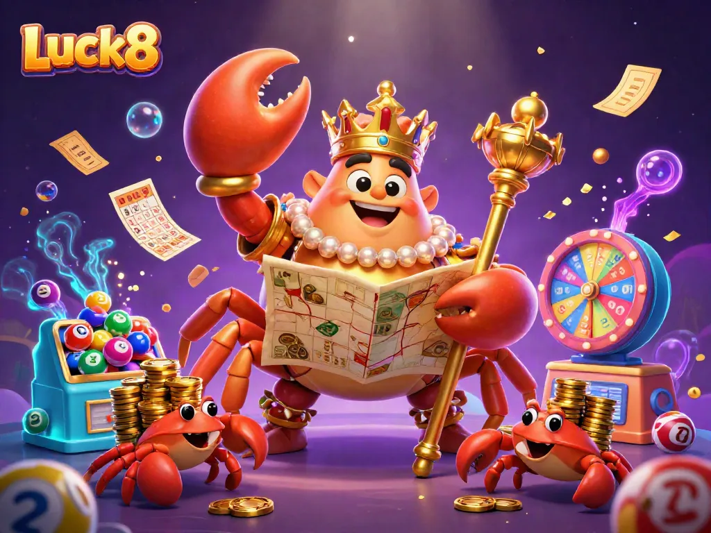 Engage with Luck8's thrilling gaming experience, featuring a golden crab emperor amidst dynamic casino elements.