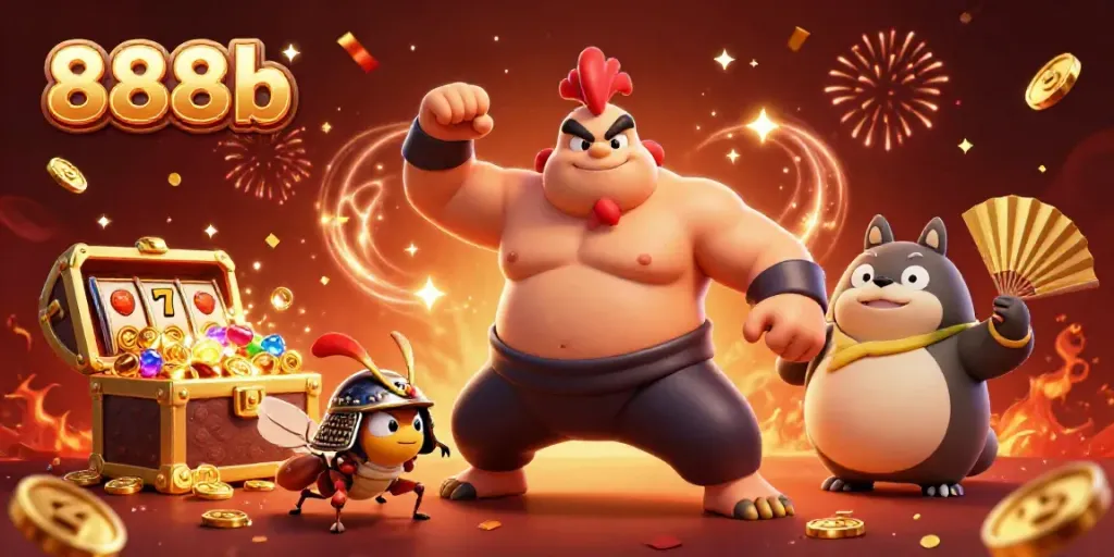 Engage with thrilling gameplay at 888b as the powerful sumo rooster and fierce cricket clash in a dynamic casino scene.