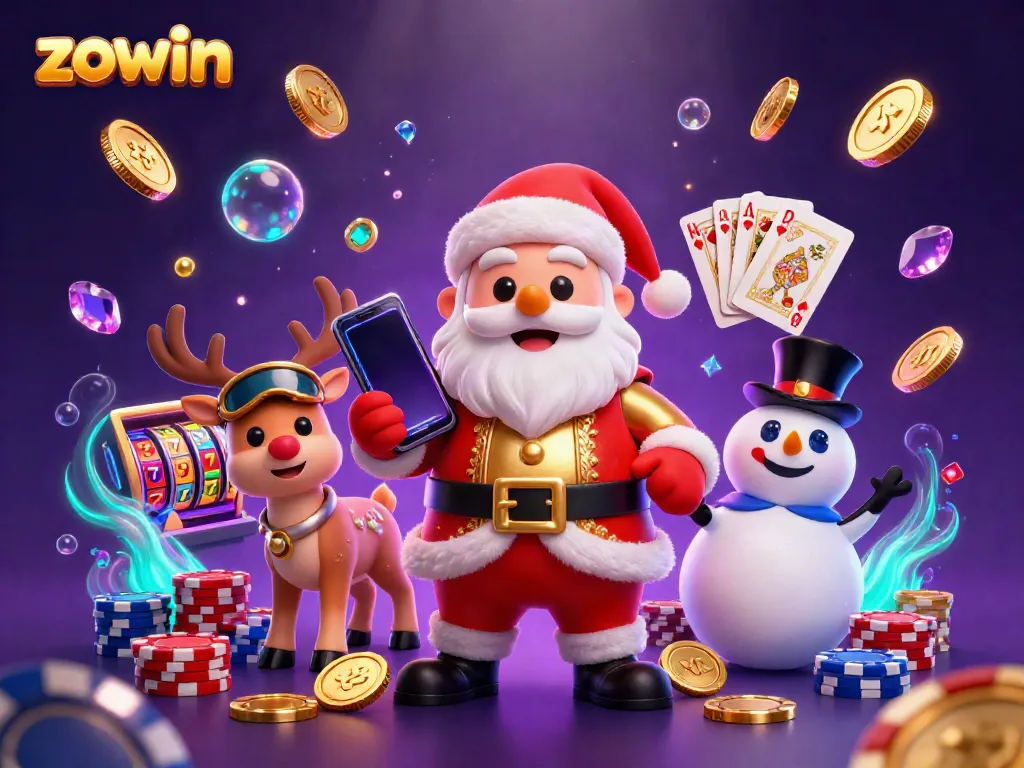 Win big with Zowin's vibrant casino scene featuring Santa and friends playing slots!