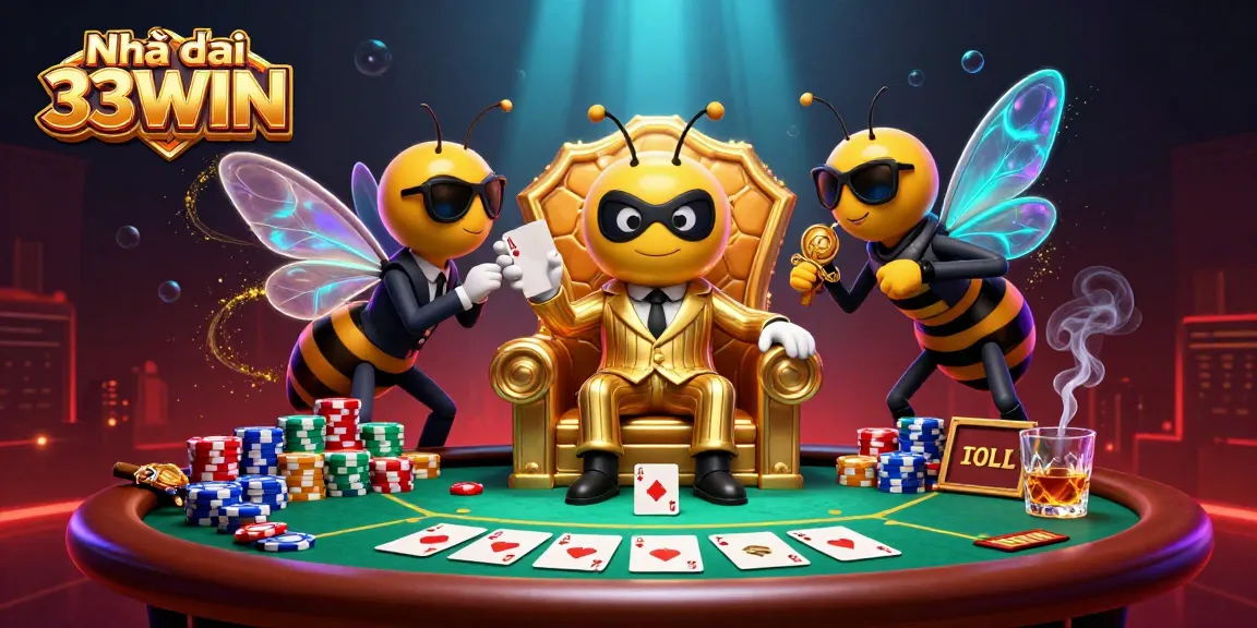 Engage with Nhà cái 33WIN's vibrant poker scene featuring a bumblebee mob boss and wasp bodyguards amidst casino action.