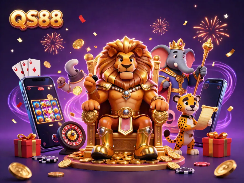 Experience winning gameplay with QS88 featuring a fierce lion king and animated casino elements.