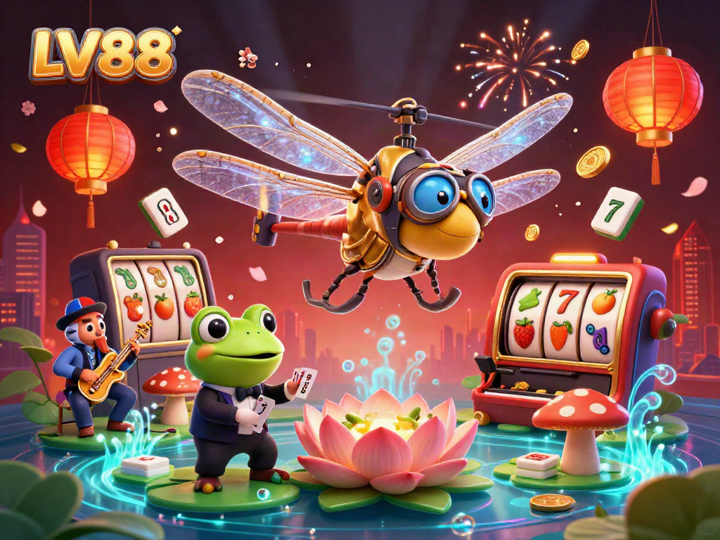 Experience thrilling action with LV88 at the lively lily pad casino featuring a frog croupier and celebrating musicians.