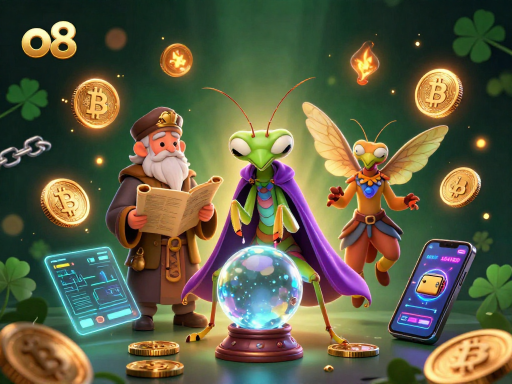 Experience the thrill of o8 with a magical 3D fortune teller scene among glowing crypto elements.