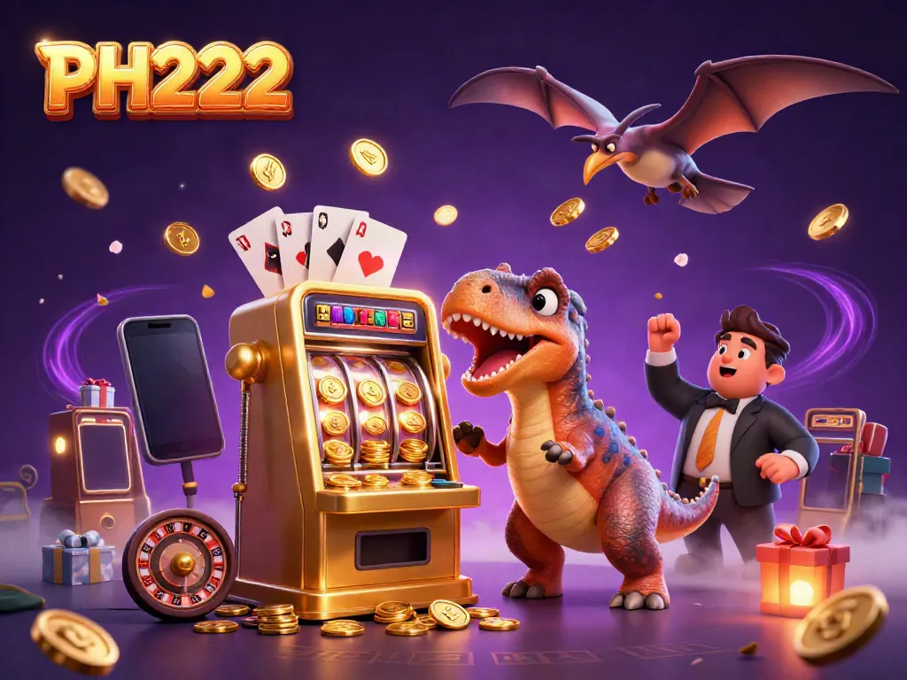 PH222 casino fun as characters interact with vivid slots and coins in a dynamic 3D scene.
