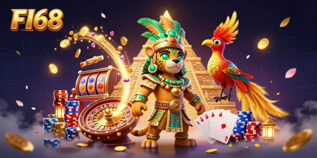 Experience excitement at F168 with a Mayan jaguar priest, golden slot reels, and dynamic casino elements.