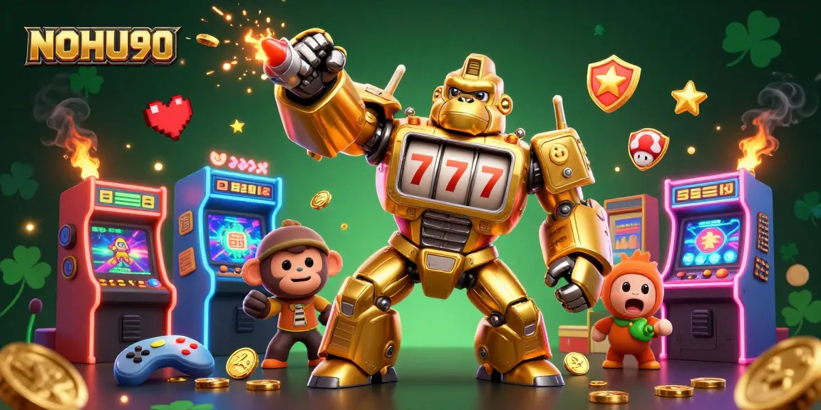 Experience the excitement at NOHU90 with a golden gorilla mech in a vibrant casino world.