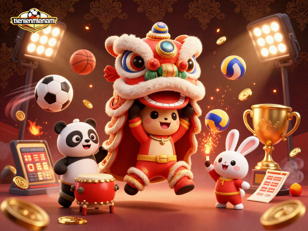 Join the action at tienlenmiennam with lively characters, sports elements, and festive decorations.