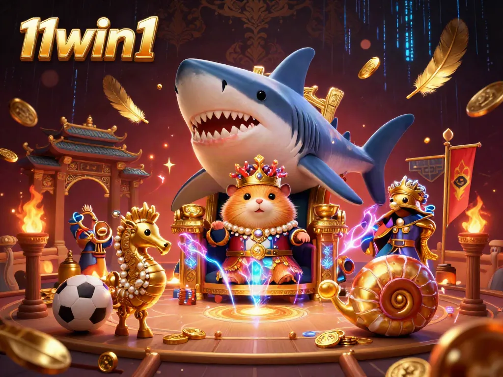 Experience vibrant online casino action with 11win1, featuring a hamster king and royal sea guards in a dynamic scene.