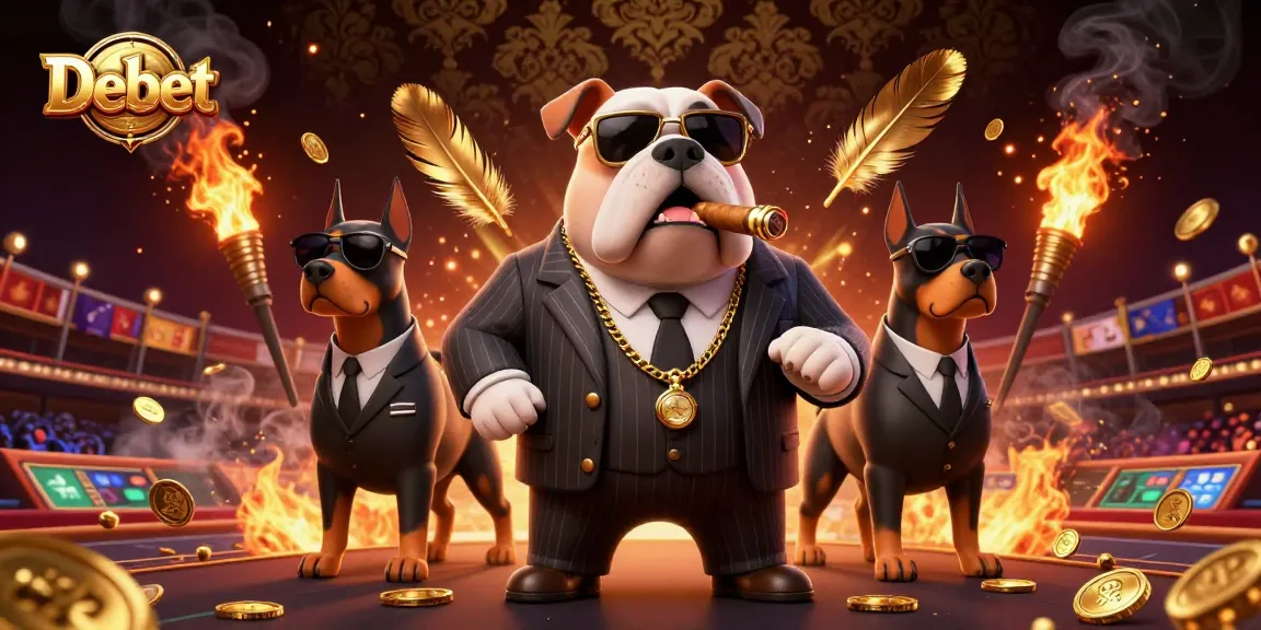 Experience high-stakes action with Debet as a bulldog mafia boss surrounded by dynamic sports betting elements.