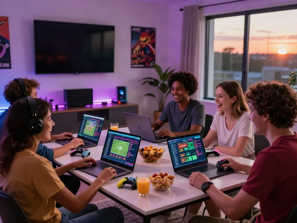 Exciting gaming gathering with friends, showcasing debet.gb.net interface on devices.