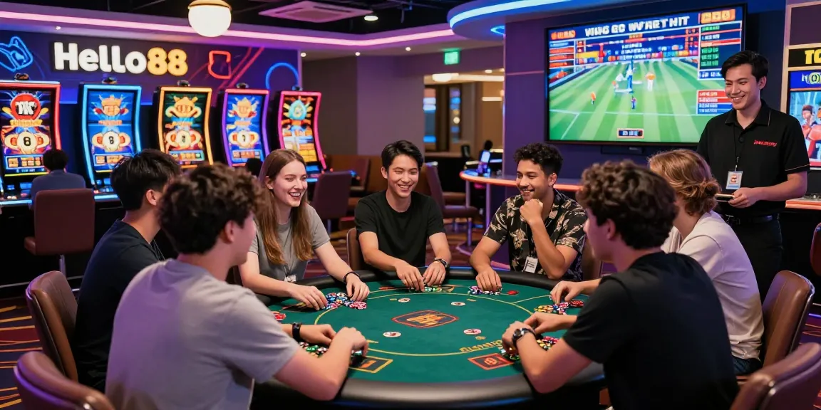 Enthusiastic players enjoying the vibrant atmosphere at Hello88 online casino, engaged in thrilling gaming experiences.
