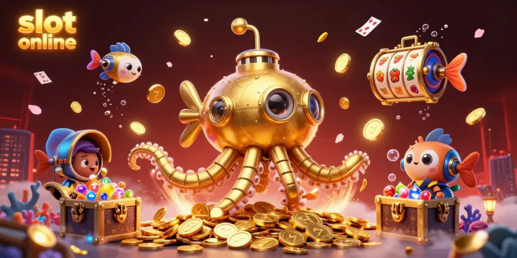Engage with the adventure as the kraken submarine interacts with dynamic slot online elements amidst gold coins.