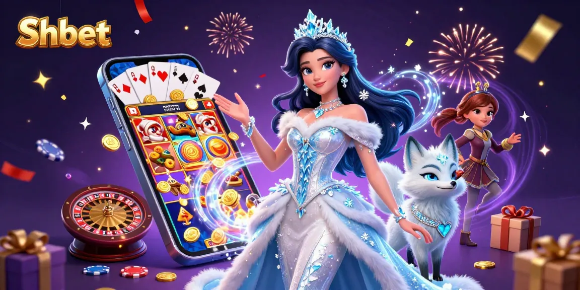 Shbet showcases a stunning scene with an ice queen amidst vibrant casino games, spinning reels, and festive confetti.