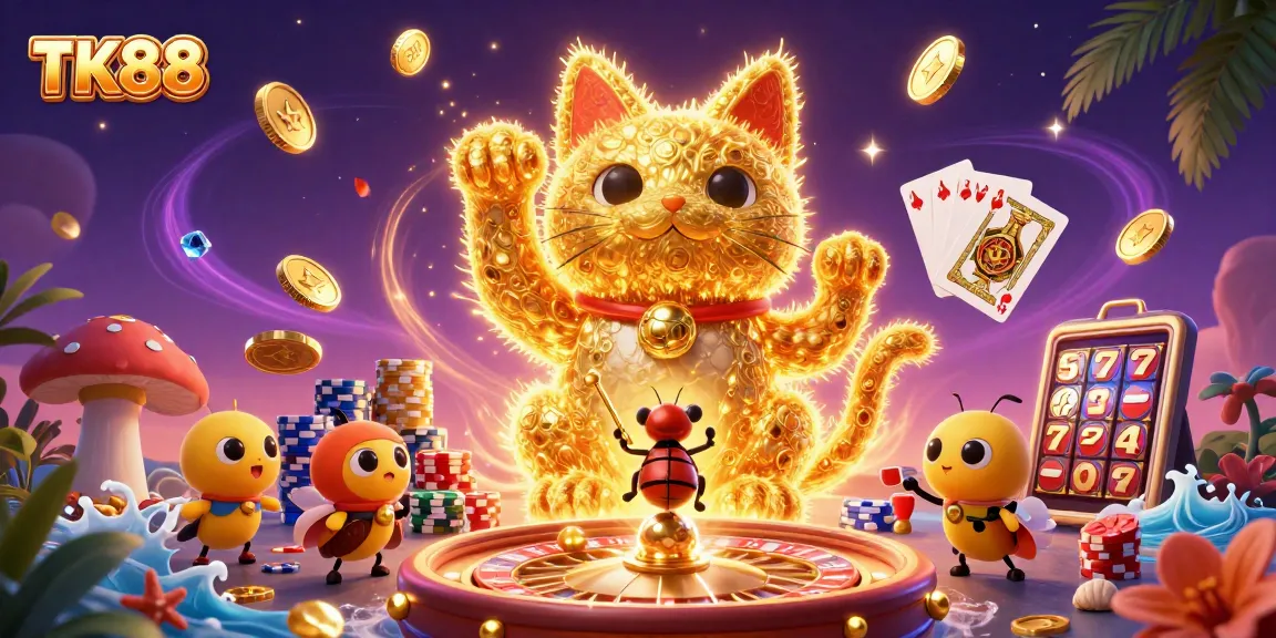 Experience the fun of TK88 with a dynamic lucky cat and vibrant casino elements!