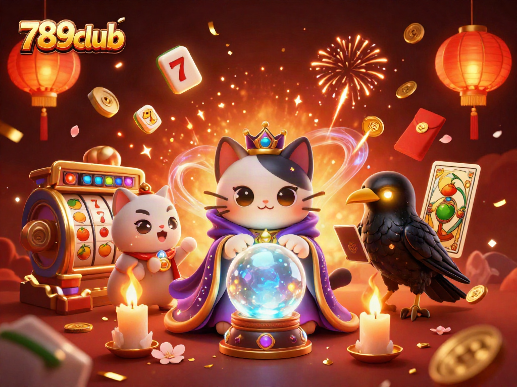 Engage in thrilling games at 789club with vibrant casino elements featuring a mystical cat and a raven.