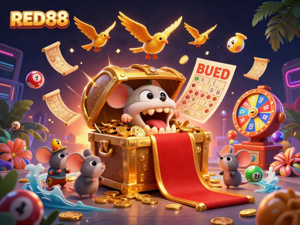 Experience exciting gaming with RED88, featuring a vibrant 3D scene of a treasure chest and colorful gaming elements.