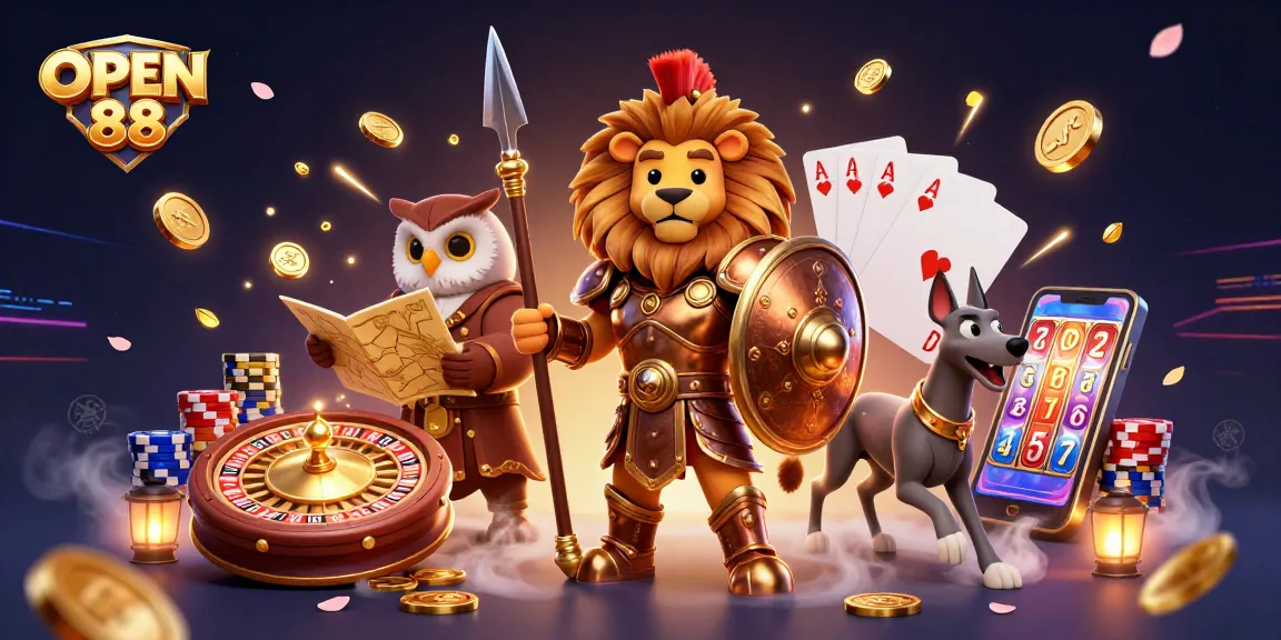 Engage with OPEN 88's vibrant casino scene featuring dynamic characters, golden coins, and exciting gameplay.