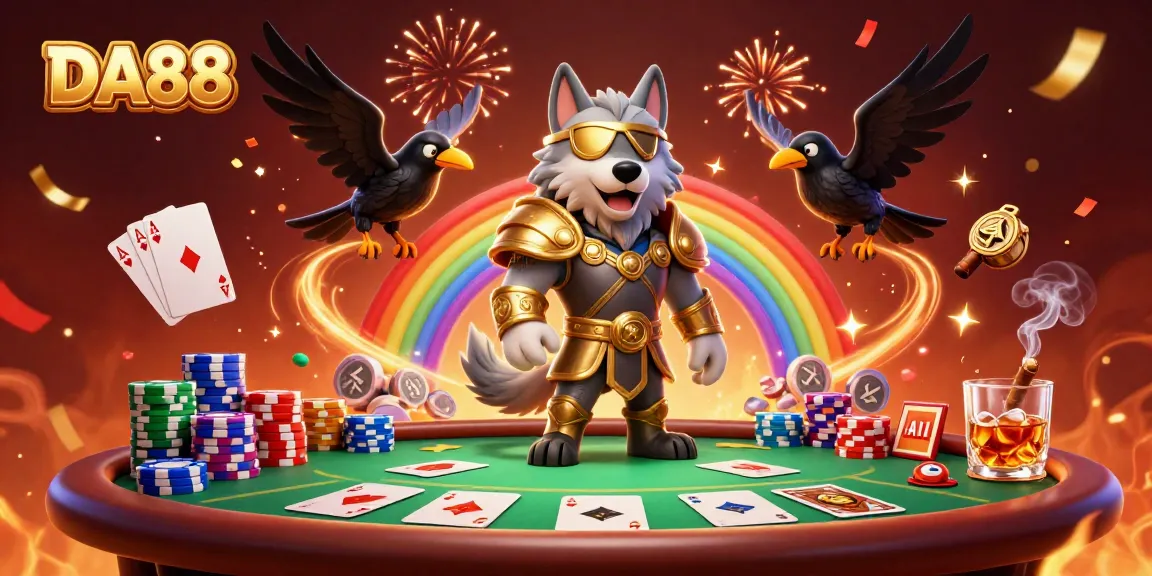 Engage in exciting poker action with DA88's vibrant casino-themed illustration featuring dynamic characters and game elements.