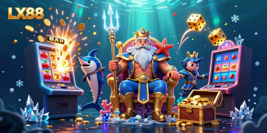 Experience LX88's vibrant casino world with Neptune and a samurai in this dynamic 3D scene.