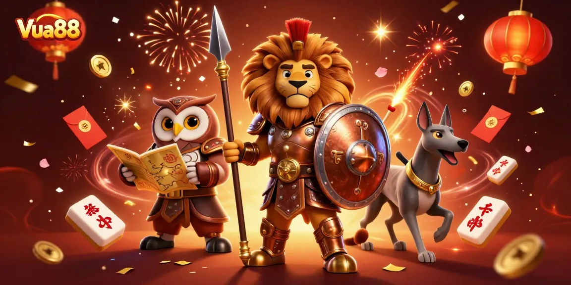 Experience Vua88 casino excitement with a Spartan lion, tactical owl, and greyhound in action.