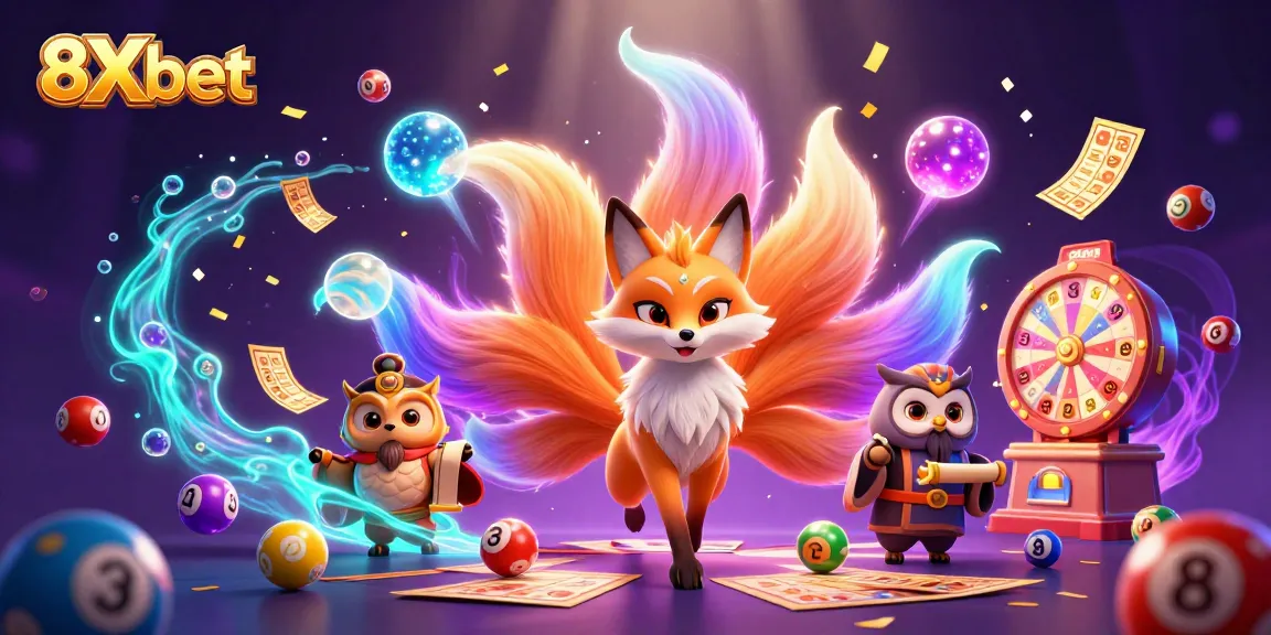 Engage in vibrant gameplay with 8Xbet featuring a nine-tailed fox spirit and a wise owl in a colorful, dynamic casino scene.
