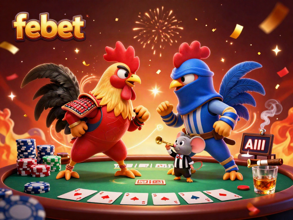 Febet challenges with dynamic roosters in a high-stakes poker showdown scene.