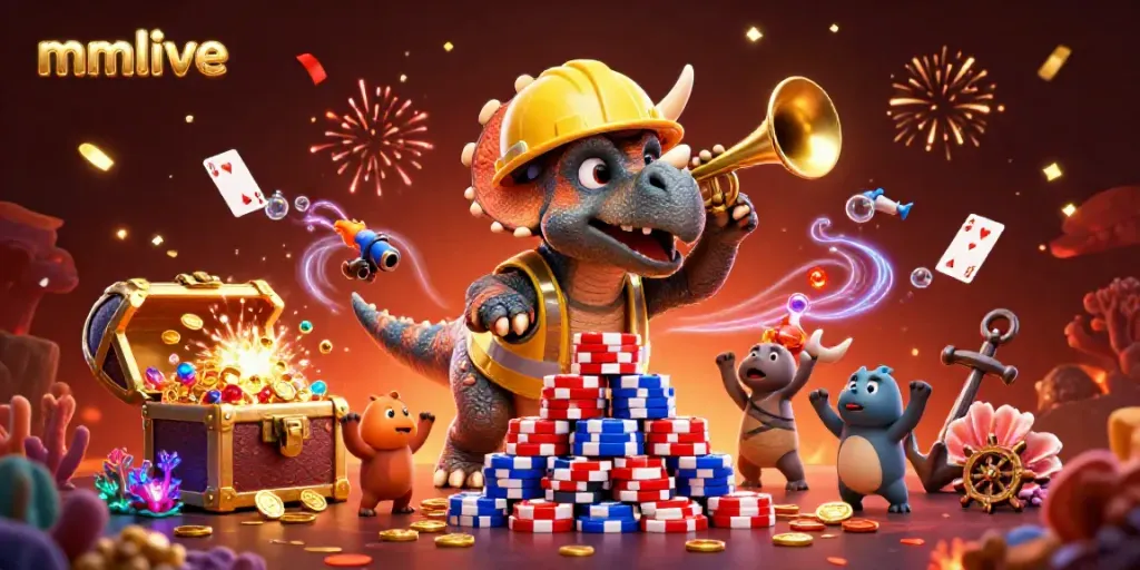Experience the excitement of mmlive with lively characters celebrating in a colorful casino-themed illustration.