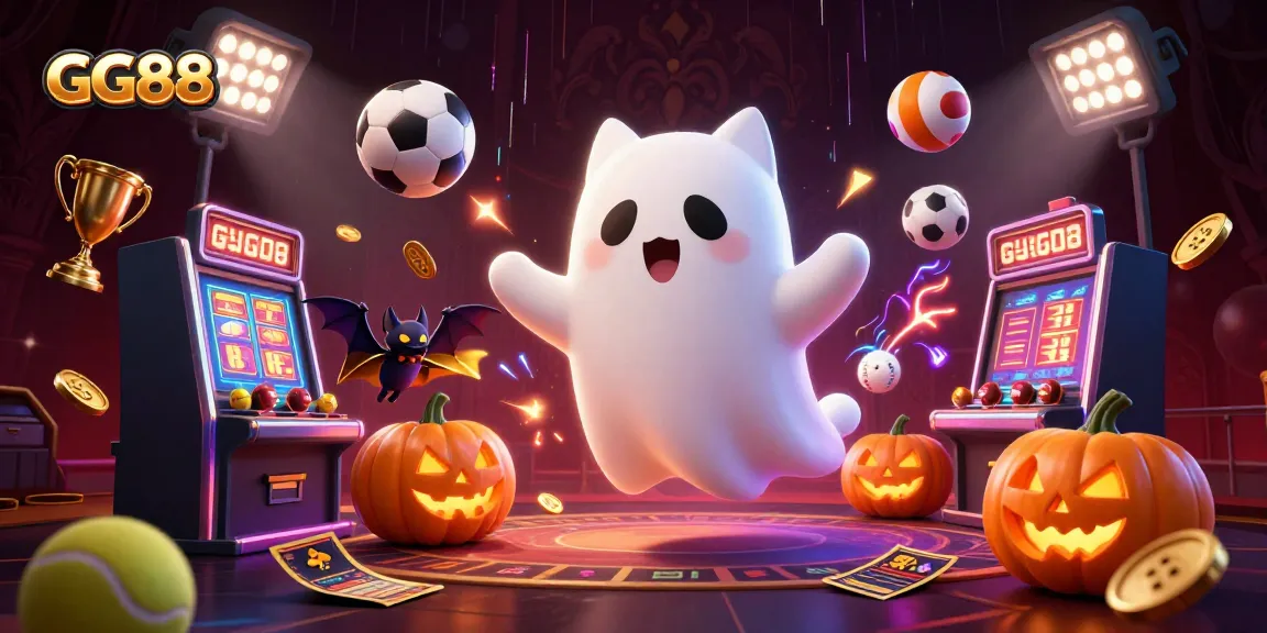 GG88 engages players with a dynamic scene featuring casino elements and a ghost cat in a haunted atmosphere.