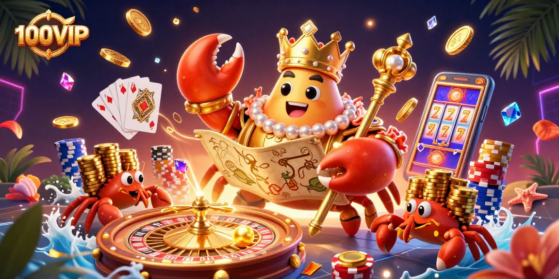 Experience 100VIP's vibrant casino theme featuring a golden crab emperor amidst stunning gaming elements.