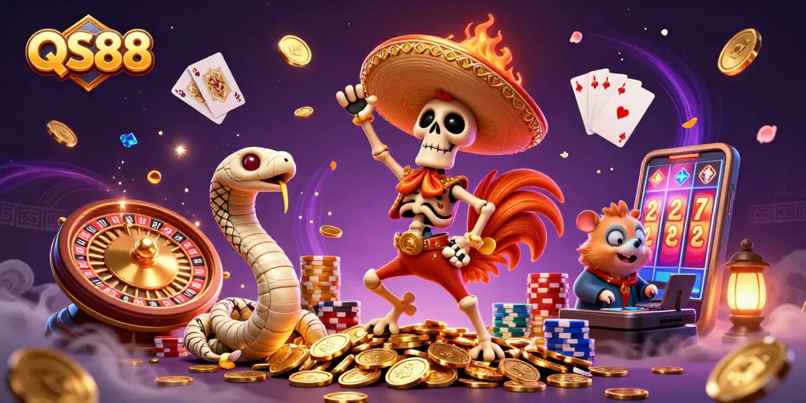 Experience the excitement at QS88 as a mariachi rooster and friends celebrate amidst dazzling winnings.