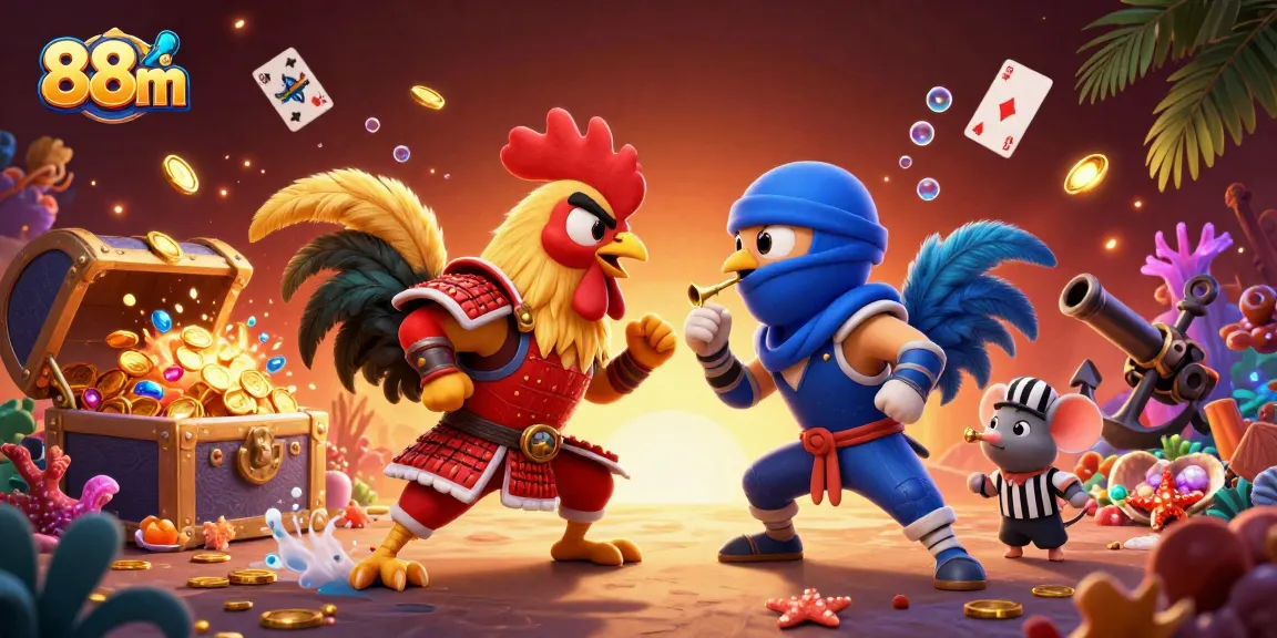 88m fighting roosters engage in a dramatic duel while surrounded by treasures and gaming elements.