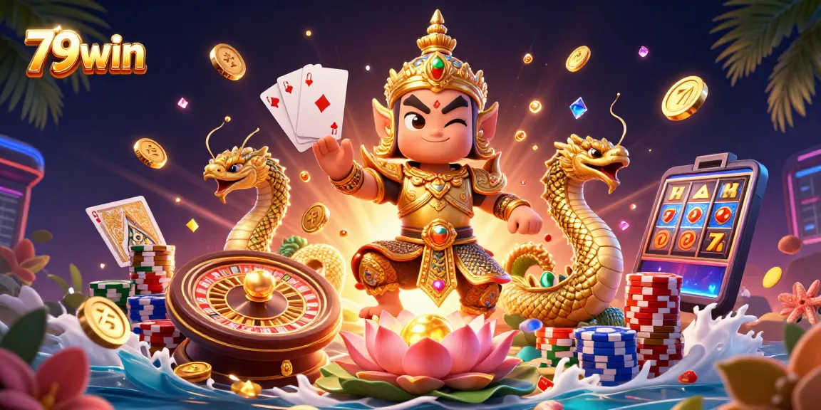 Experience the thrilling world of 79win with striking characters amidst casino excitement and dynamic elements.