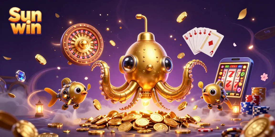 Engage in thrilling gameplay with Sun win, featuring a golden kraken submarine surrounded by casino elements.