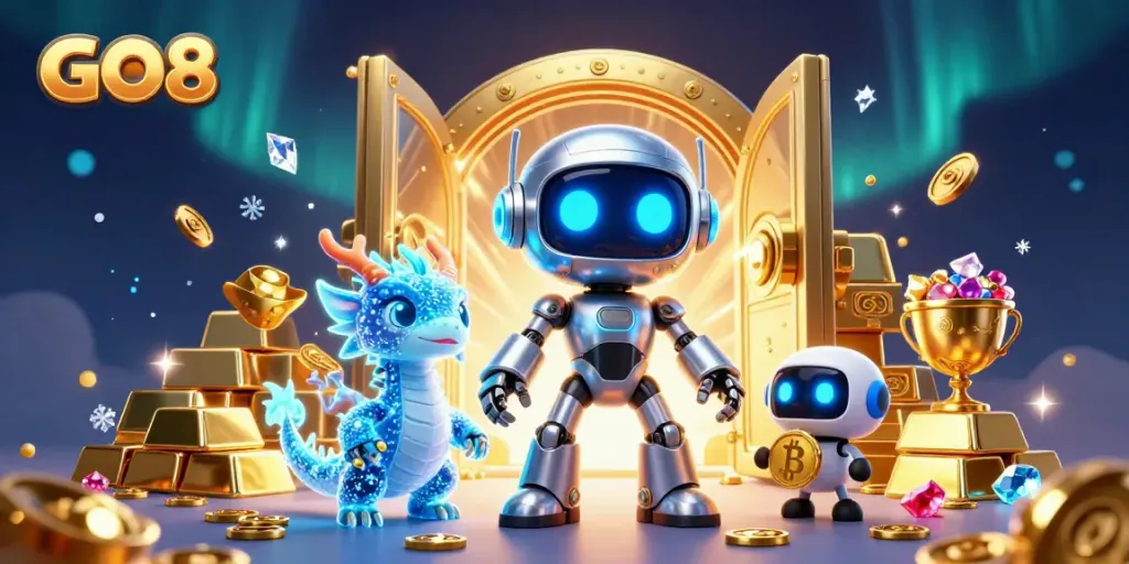 Engage with GO8's immersive gaming experience featuring a vibrant 3D robot, holographic dragon, and bitcoin drone.