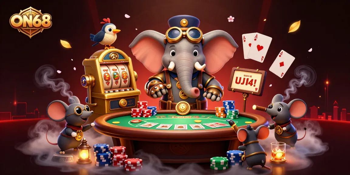 ON68's 3D cartoon steampunk elephant delights in the dynamic casino experience, engaging in slot action.