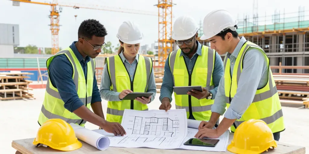 Quantity surveying services team collaborating on project plans at a construction site.