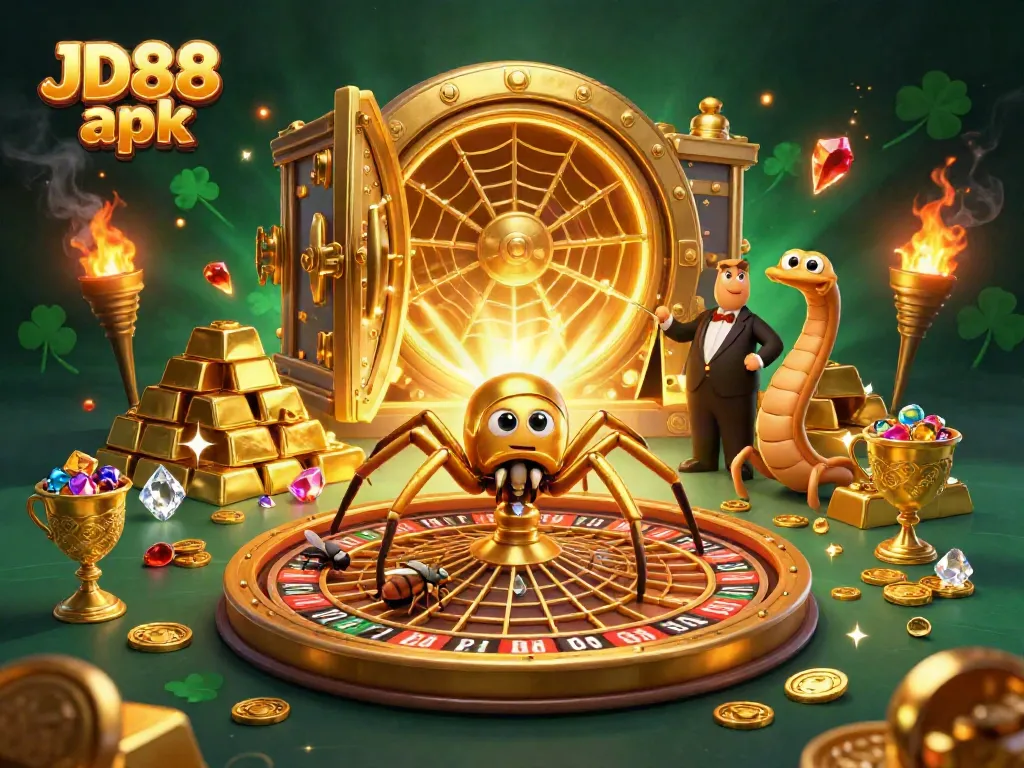 Place your bets with the JD88 apk in this enchanting casino scene featuring a golden spider and a centipede croupier.