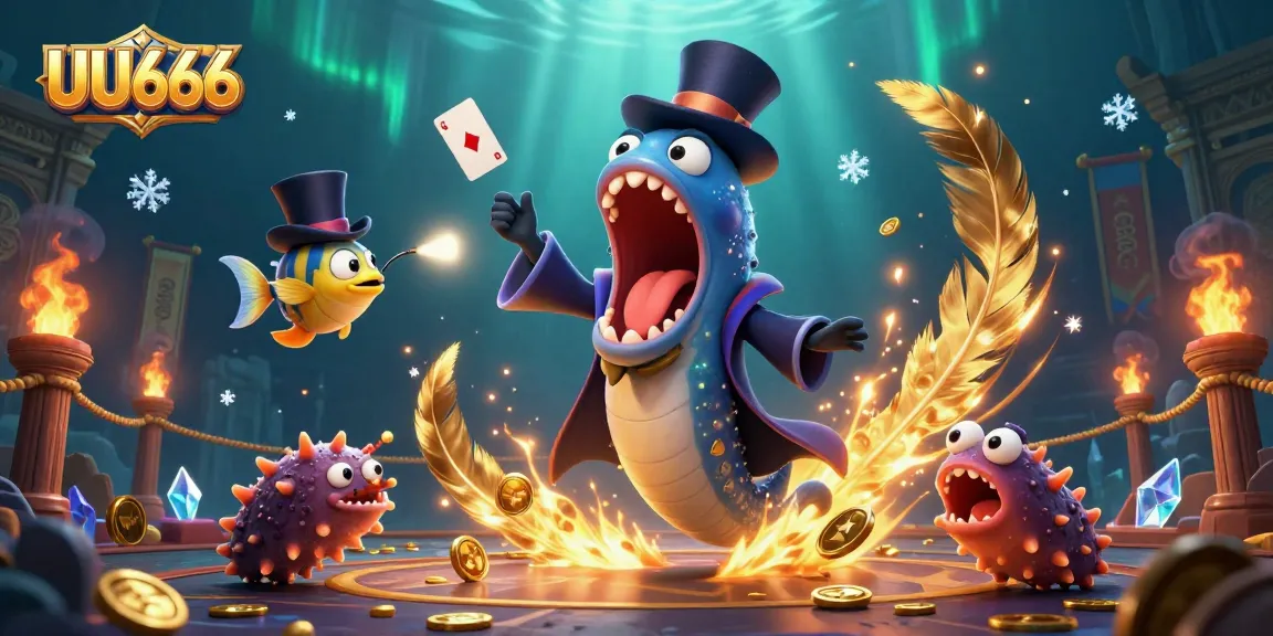 UU666 captivates with a dynamic illustration of a gambling-themed underwater magic act featuring colorful sea creatures.