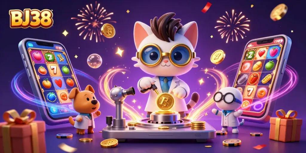Watch BJ38 the interactive slot experience with mad scientist cat and loyal dog amidst golden celebrations!