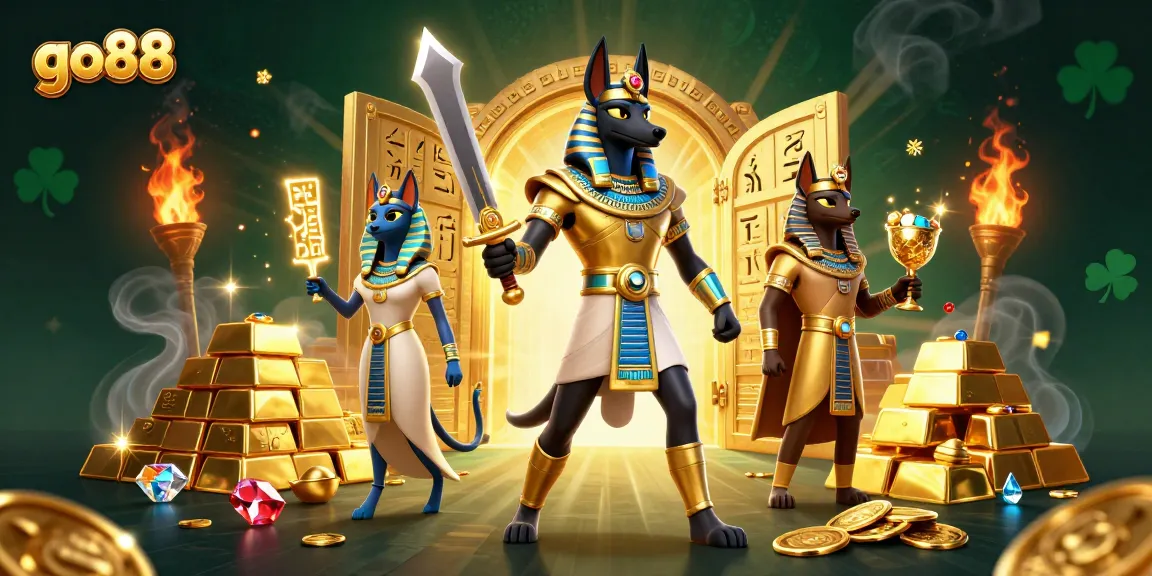 Engage with go88 casino thrills in a vibrant, treasure-filled scene featuring ancient Egyptian warriors.
