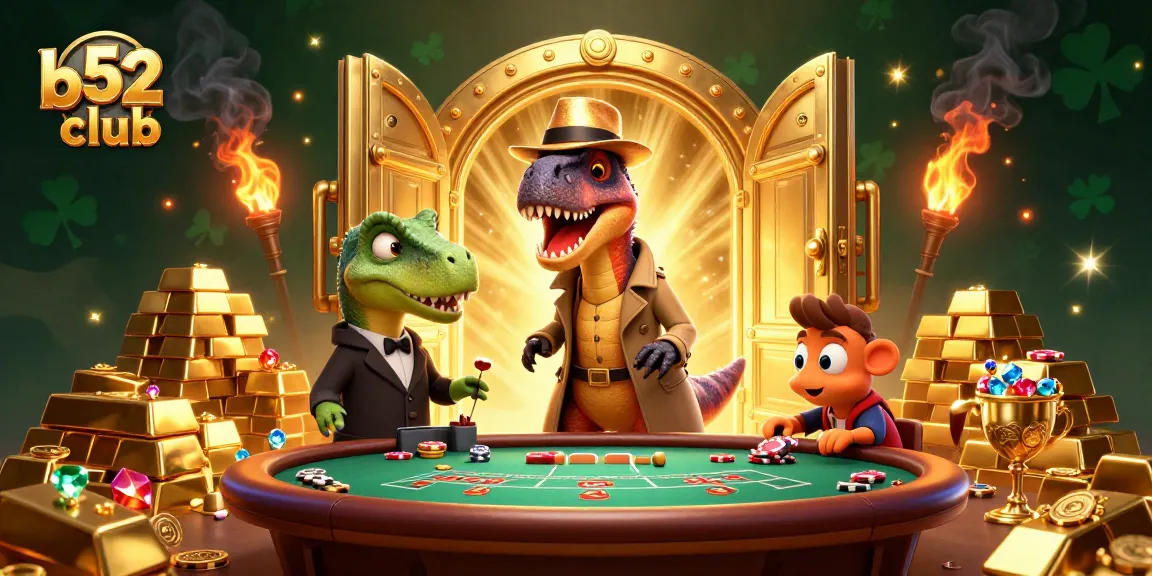 Experience excitement with b52club's lively casino scene featuring vibrant characters and treasures.