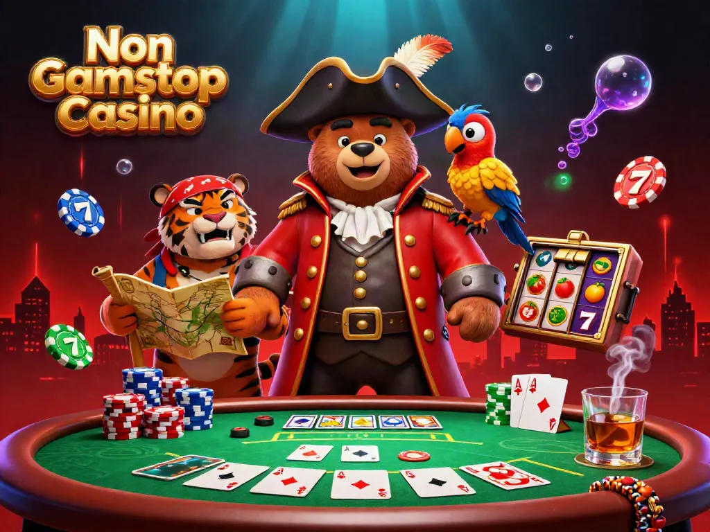 Engaging 3D scene of Non Gamstop Casino with a pirate bear, tiger, and parrot at a poker table featuring colorful chips and cards.