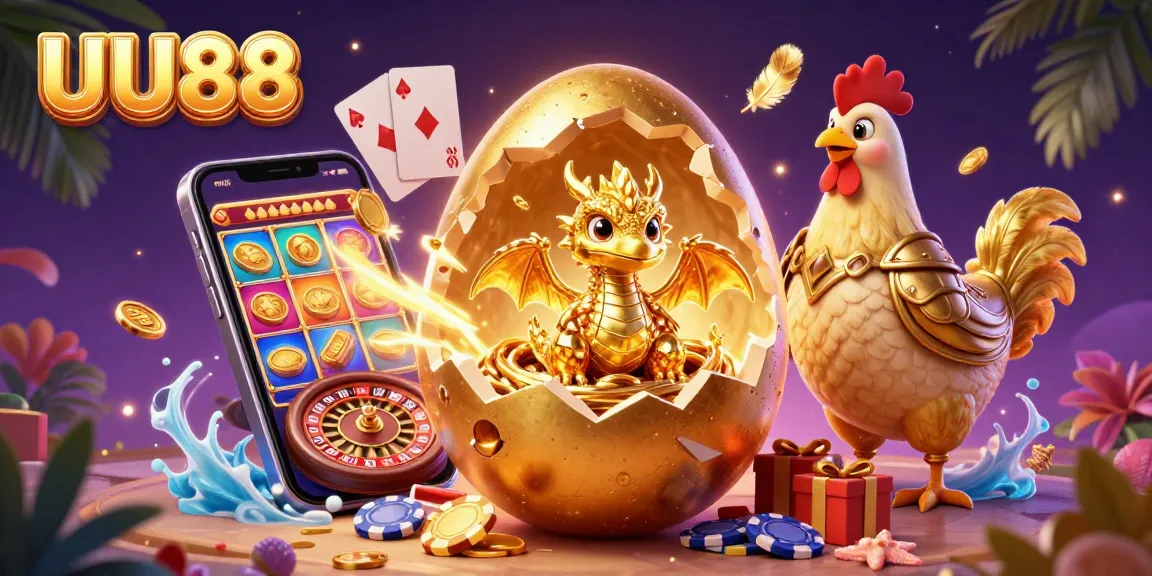 UU88 showcases an engaging golden dragon scene filled with slots, poker chips, and dynamic casino elements.